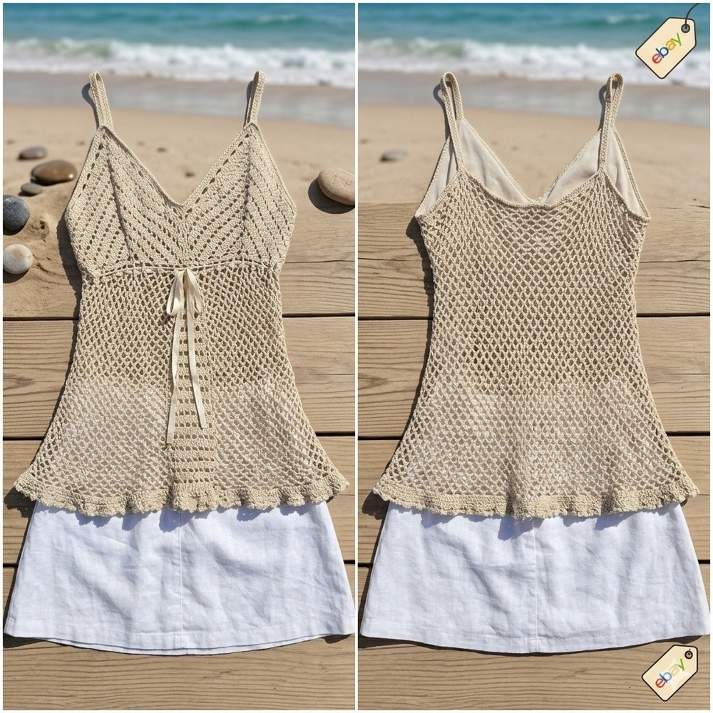 Faded Glory Originals Camisole Womens XL Beige Crochet‎ Silk Blend Top Boho